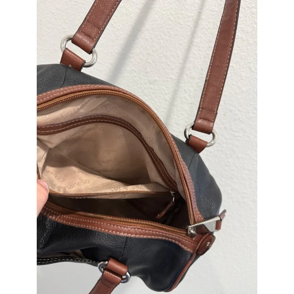 VTG Tignanello Leather BLACK & BROWN Color Block Shoulder Barrel Bag Purse